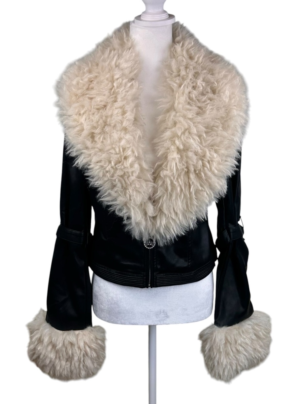 Dolls Kill Generation Kiss Faux Leather Jacket Faux Fur Black Cream Size Med NWT